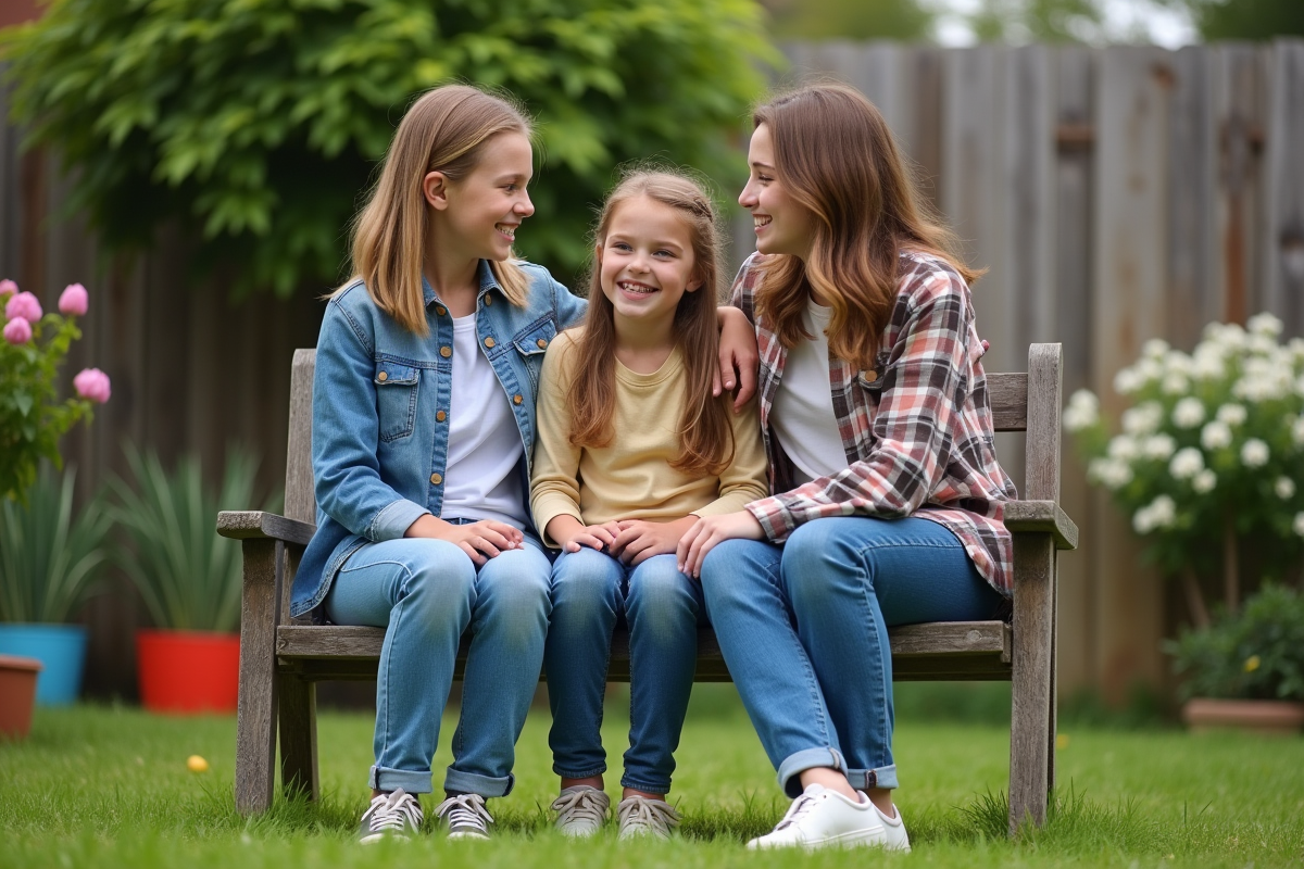 Deux adolescents et leur mère discutant dans le jardin