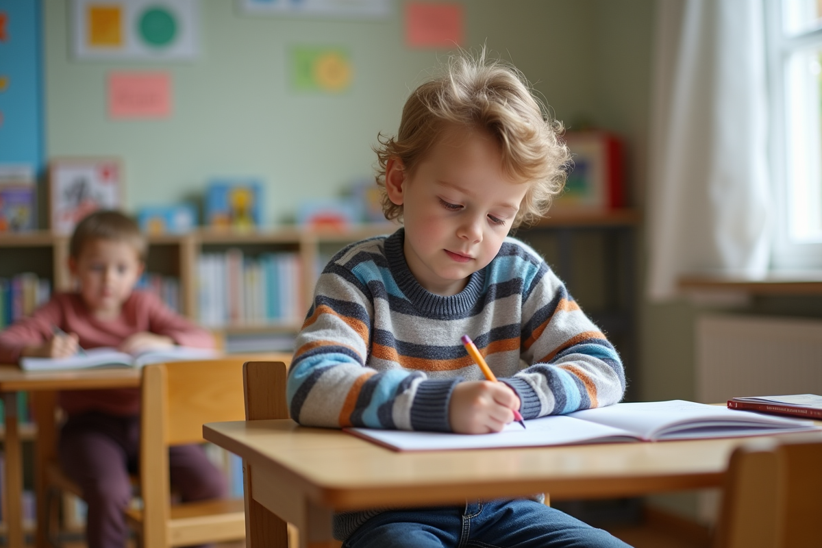 Garçon français dessinant dans une classe lumineuse