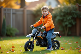 Garçon de 7 ans avec moto miniature dans le jardin