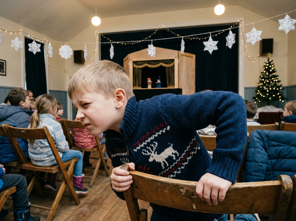 Garçon plissant les yeux vers un spectacle de marionnettes de Noël dans une salle communautaire décorée