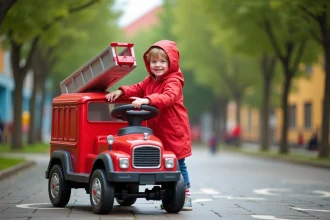 Garçon souriant en manteau rouge jouant avec une camionnette de pompier