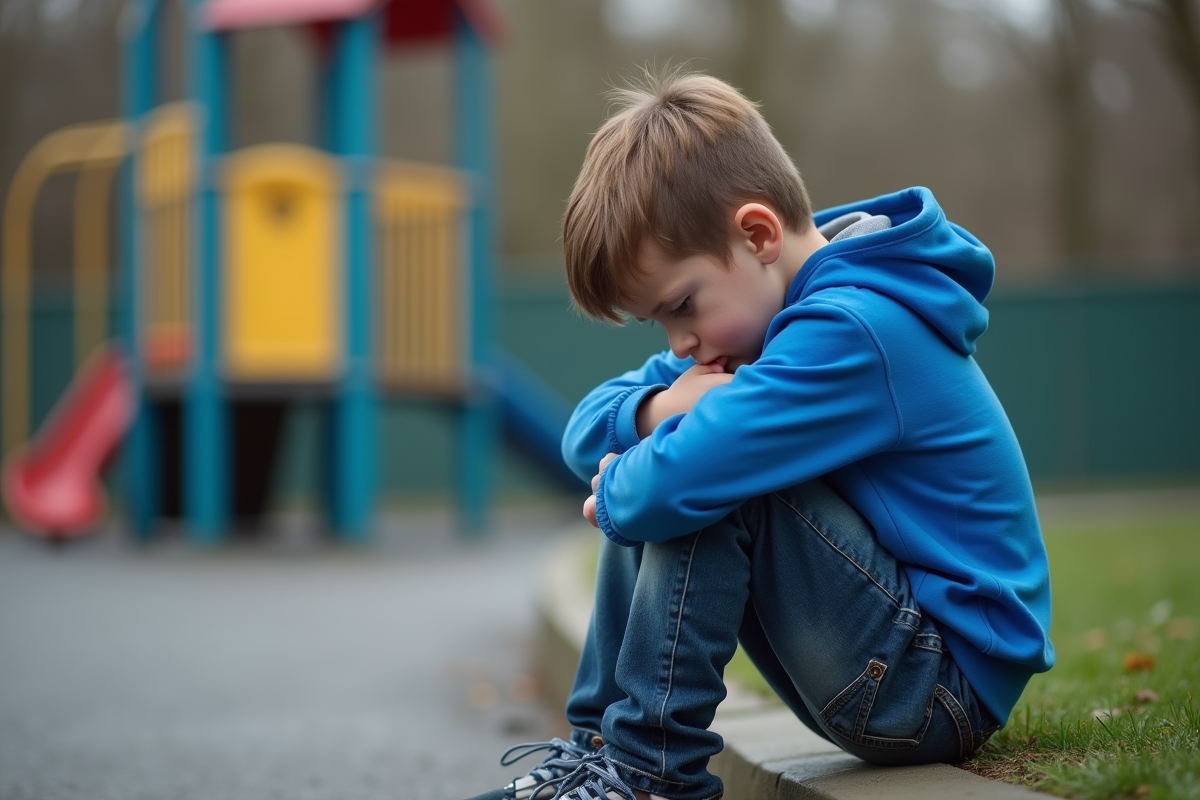 Garçon triste de 8 ans assis seul dans la cour d'école