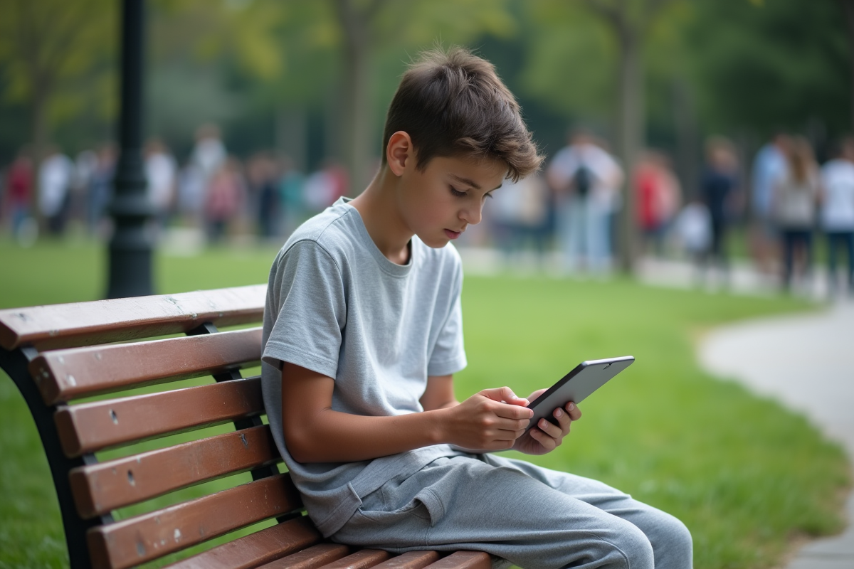 Garçon de 16 ans seul sur un banc dans un parc