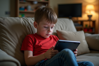 Garçon de neuf ans absorbé par une tablette dans le salon