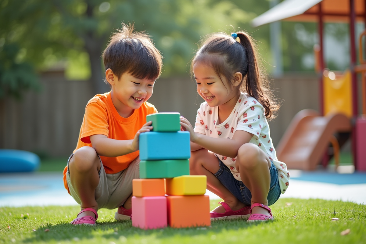 Garçon et fille construisent une tour de blocs dans un jardin