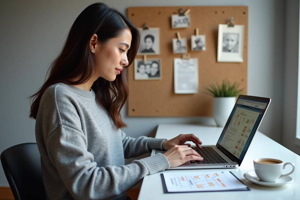 Jeune femme effectuant des recherches généalogiques sur un site spécialisé avec arbre généalogique imprimé