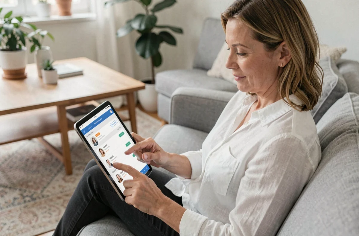 Femme consultant son espace compte Orchestra sur tablette dans un salon confortable