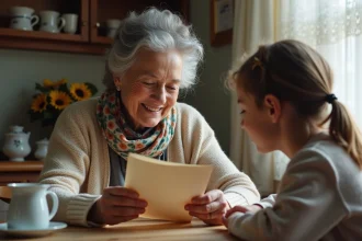 Une grand-mere lit un poème à une petite fille dans la cuisine