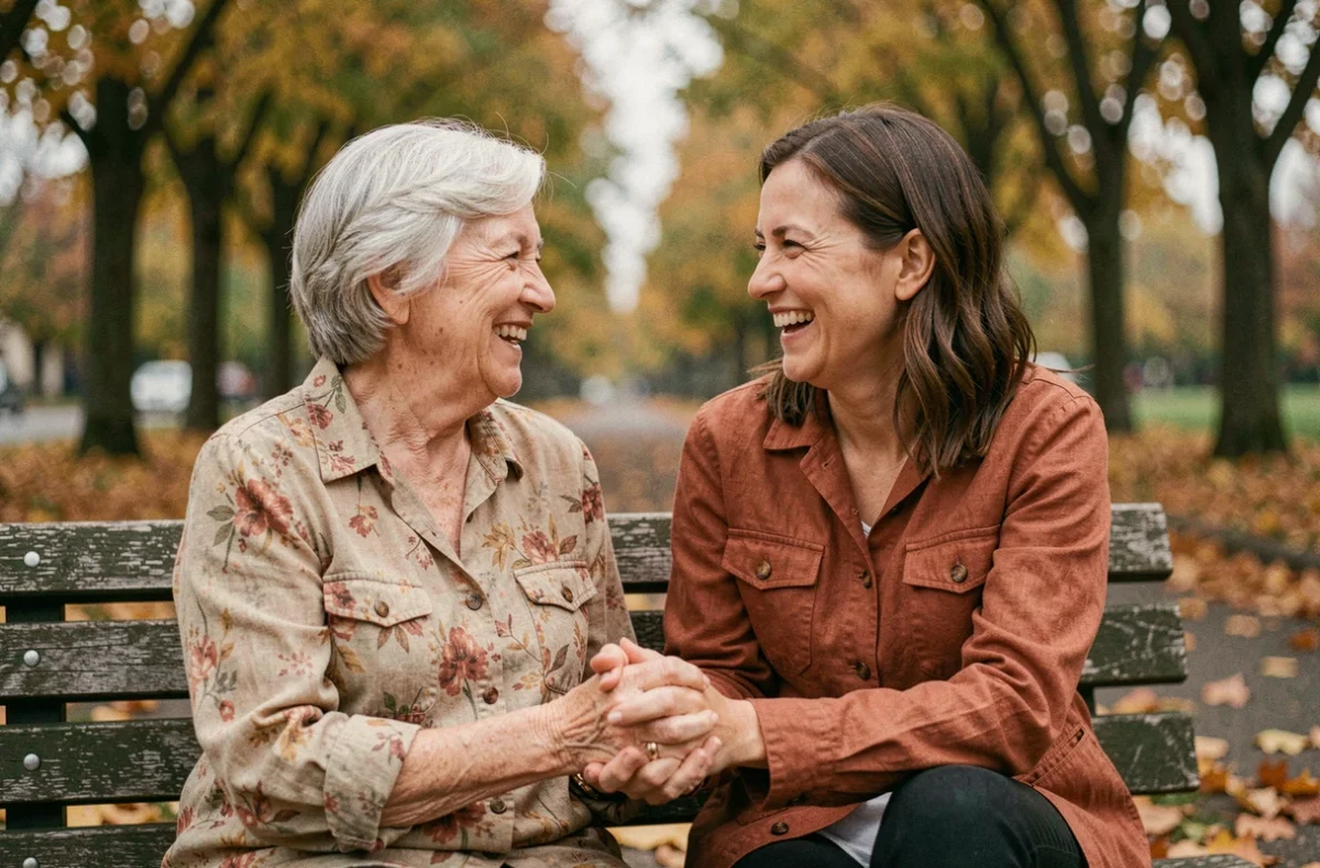 Grand-mère et fille adulte partageant un moment de rire complice sur un banc de parc en automne
