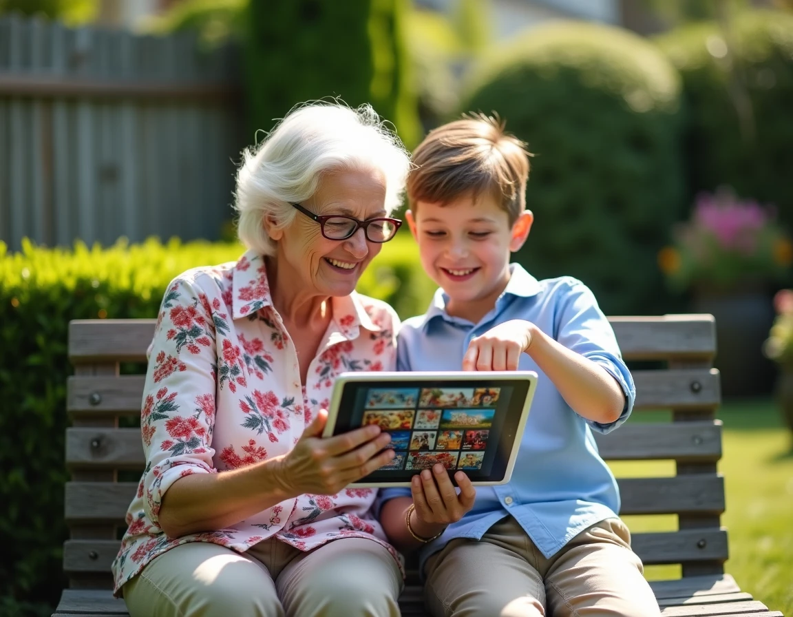 Grand-mère et petit-fils regardant ensemble le catalogue de films Disney dans l'ordre sur une tablette dans le jardin
