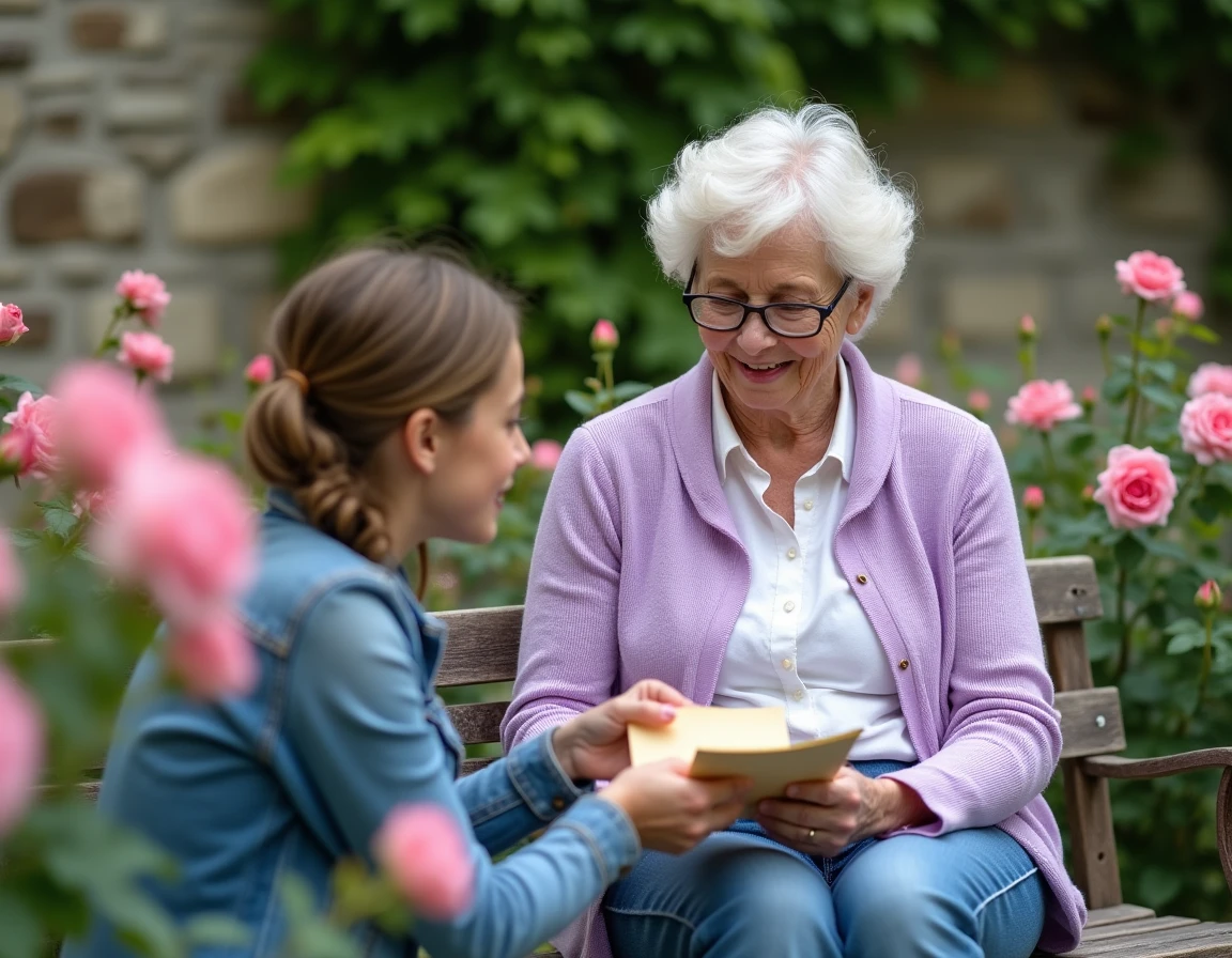 Grand-mère et petite-fille dans un jardin fleuri échangeant un poème fait main pour la fête des grand-mères