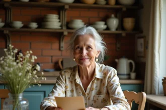 Grand-mère souriante lisant un poème personnalisé pour la fête des grand-mères dans une cuisine rustique française