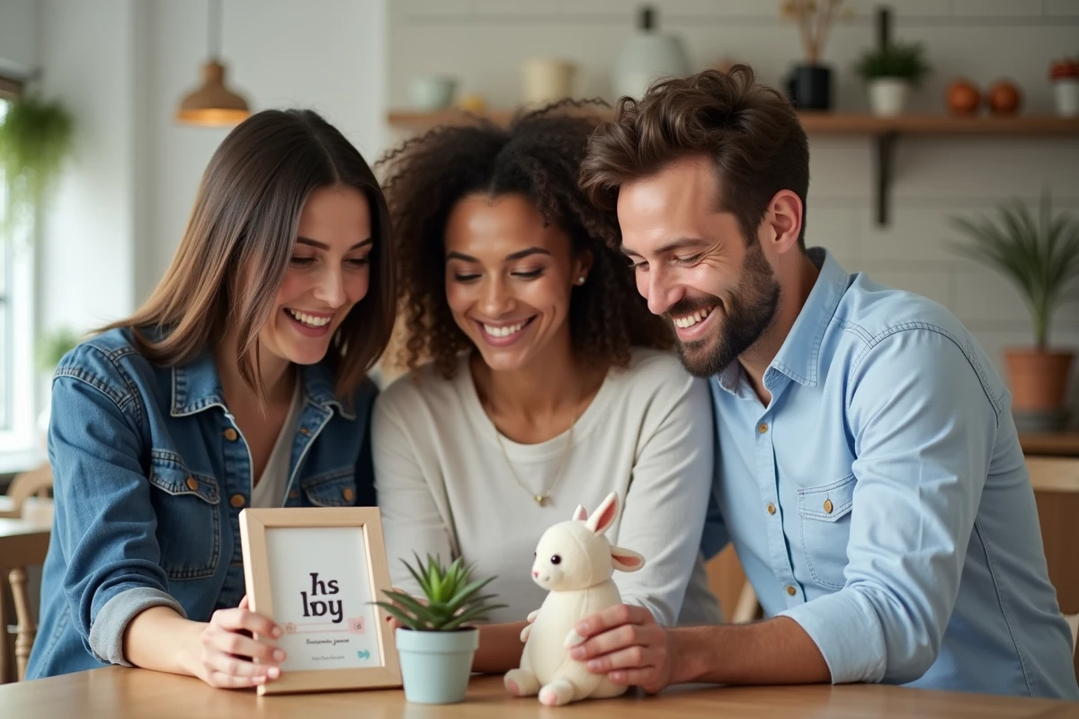 Groupe d'adultes souriants autour d'une table découvrant des cadeaux de baptême originaux et abordables, dont un body personnalisé, une succulente et un lapin en tissu fait main