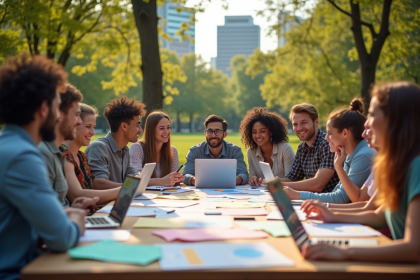 Groupe de personnes collaborant dans un parc ensoleille avec ordinateurs