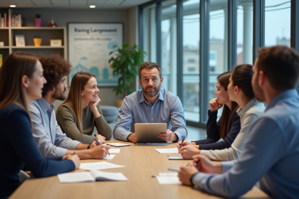 Groupe d'adultes en discussion dans une salle de formation moderne