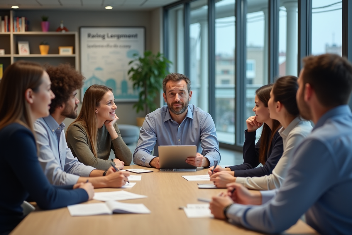 Groupe d'adultes en discussion dans une salle de formation moderne