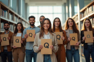 Groupe divers de personnes tenant des livres avec la lettre Q dans une grande librairie lumineuse