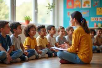 Groupe d'enfants en classe lumineuse avec enseignant