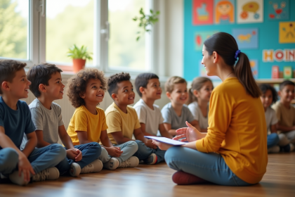 Groupe d'enfants en classe lumineuse avec enseignant