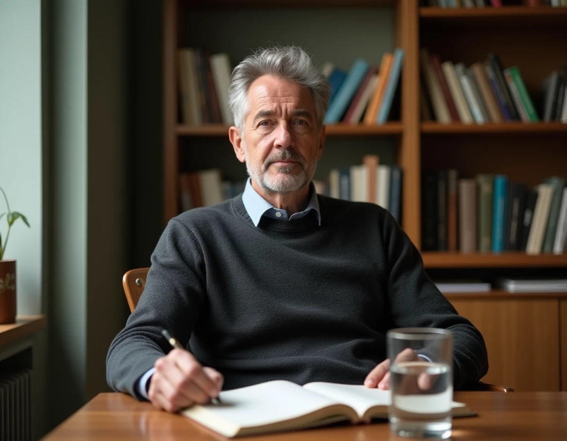 Homme cultivé dans un bureau bibliothèque à domicile, portrait illustrant le compagnon discret d'une journaliste publique