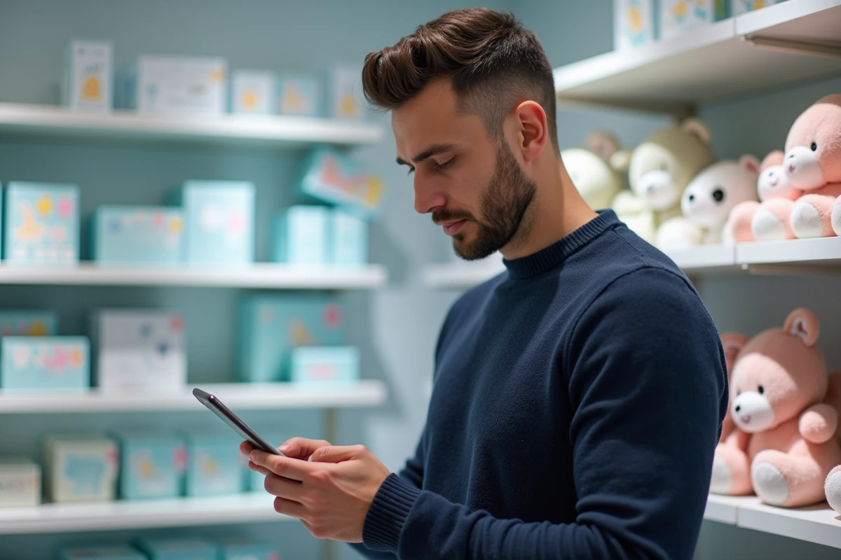 Homme cherchant un cadeau de naissance de dernière minute sur son téléphone dans un rayon de puériculture