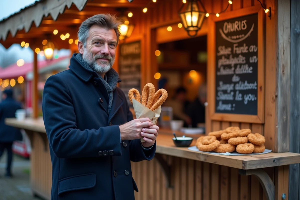 Homme tenant un cornet de churros devant un stand de foire à Lille en hiver