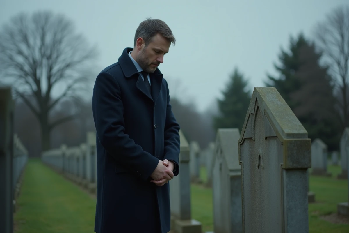 Homme adulte debout devant une tombe dans un cimetière, regard posé vers la pierre tombale, expression retenue lors d'un moment de deuil silencieux