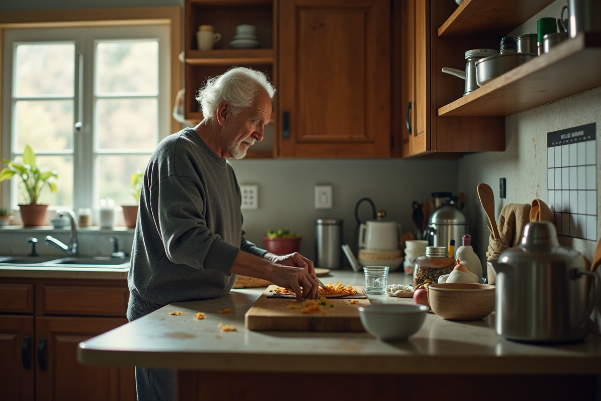 Homme âgé préparant un repas dans une cuisine authentique
