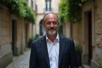 Portrait discret d'un homme élégant dans une cour parisienne, évoquant la vie privée et la discrétion familiale