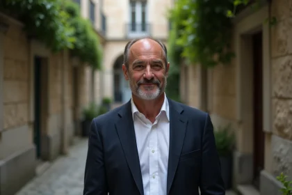 Portrait discret d'un homme élégant dans une cour parisienne, évoquant la vie privée et la discrétion familiale
