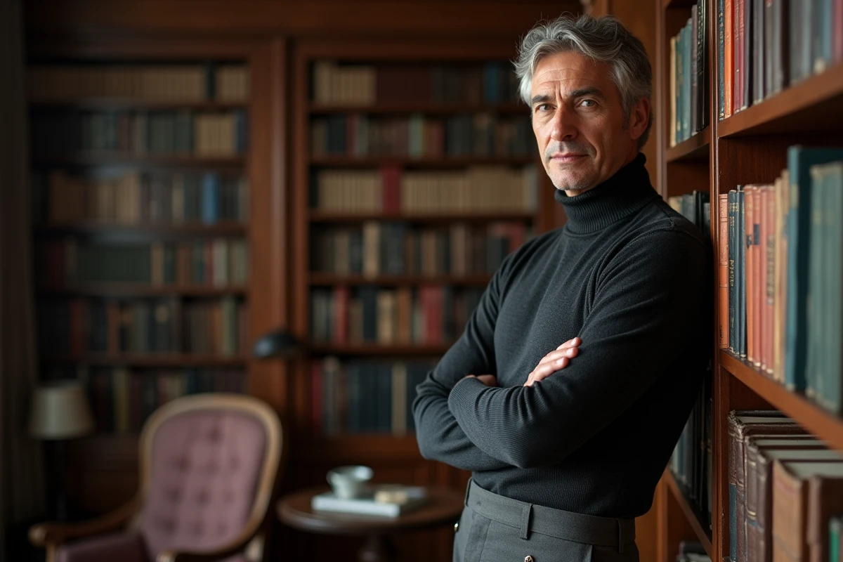 Homme distingué aux cheveux poivre et sel posant devant une bibliothèque dans un appartement parisien raffiné
