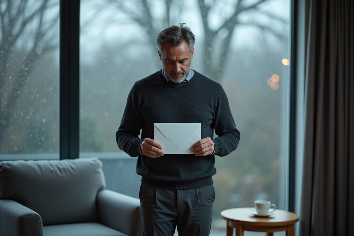 Homme tenant une enveloppe blanche devant une fenêtre pluvieuse, dans une attitude recueillie évoquant l'envoi d'un message de deuil