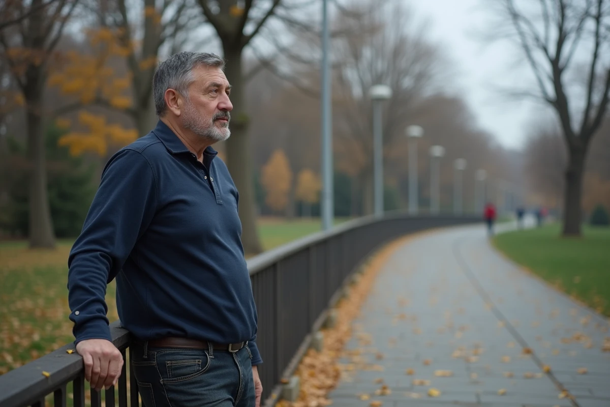 Homme d'âge mûr seul dans un parc en automne, posture méditative, évoquant un parcours de vie difficile avant la paternité