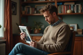 Homme pensif tenant une photo dans un intérieur chaleureux