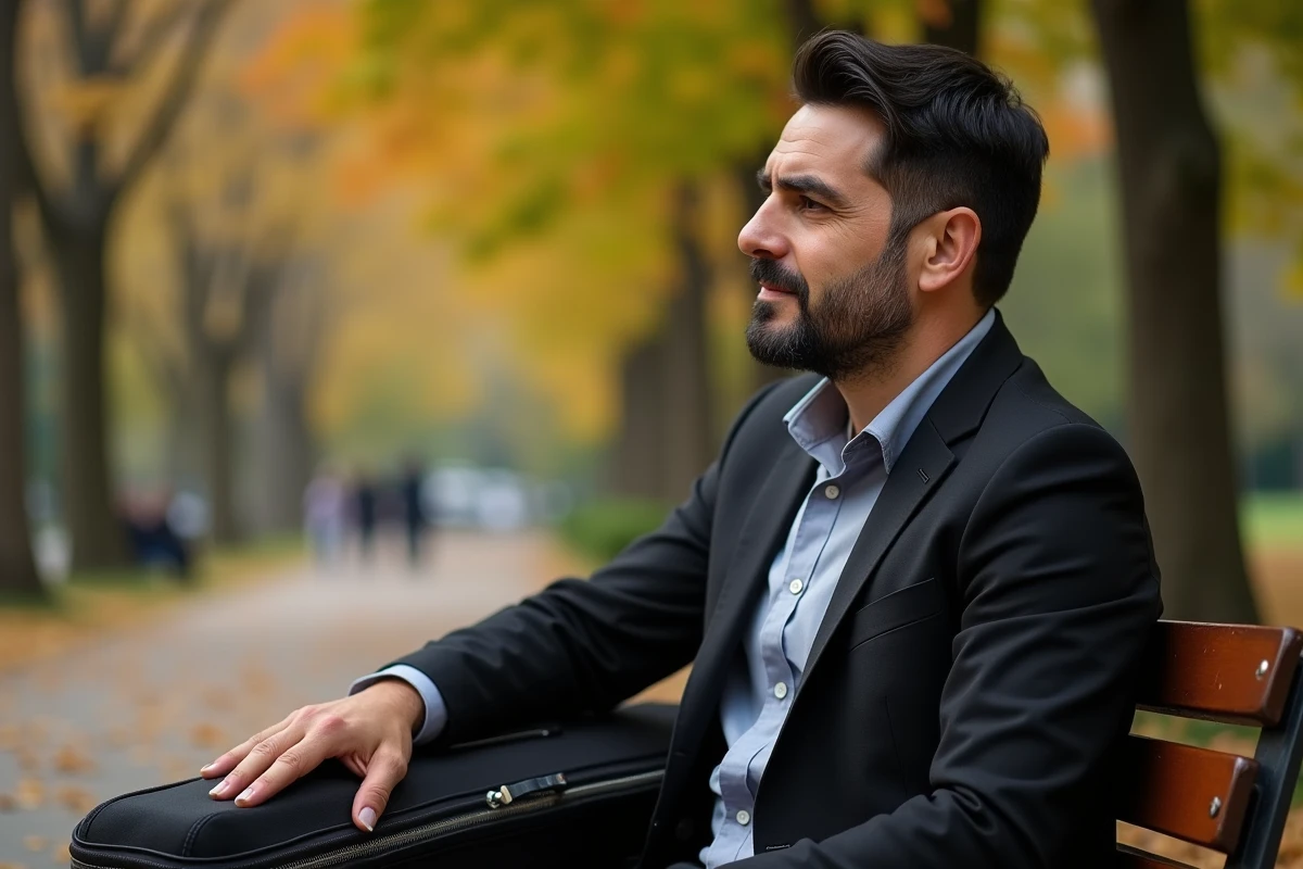 Homme assis sur un banc de parc avec un violon en été