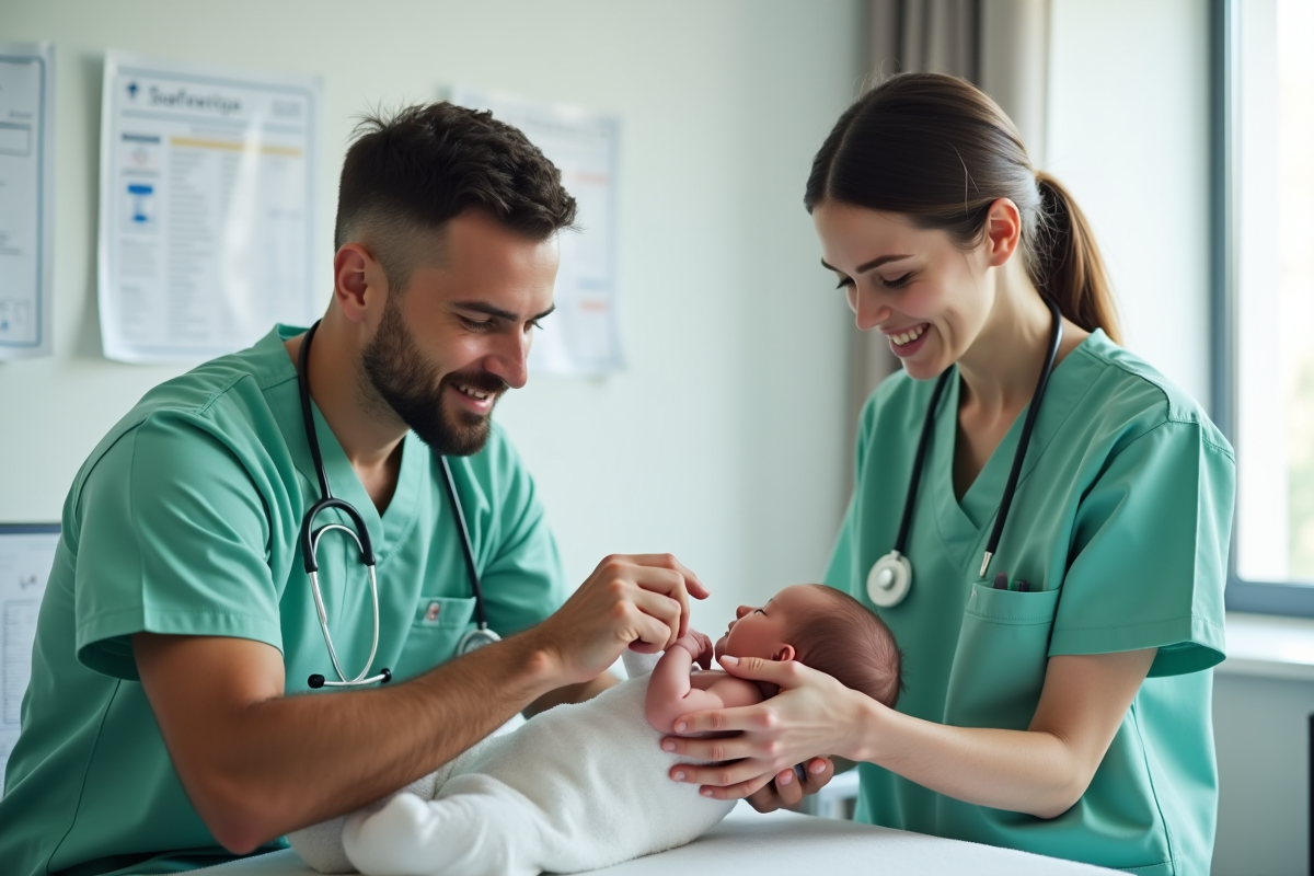 Infirmière en blouse verte montrant comment nettoyer le nombril du bébé