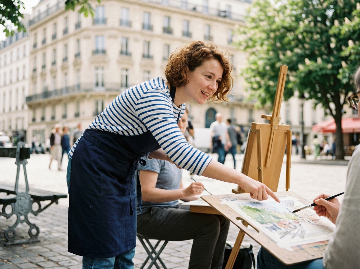 Instructrice guidant un élève lors d'un cours de peinture en plein air dans un square parisien pendant les vacances créatives