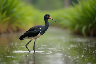 Jabiru dans l'eau peu profonde entouré de verdure