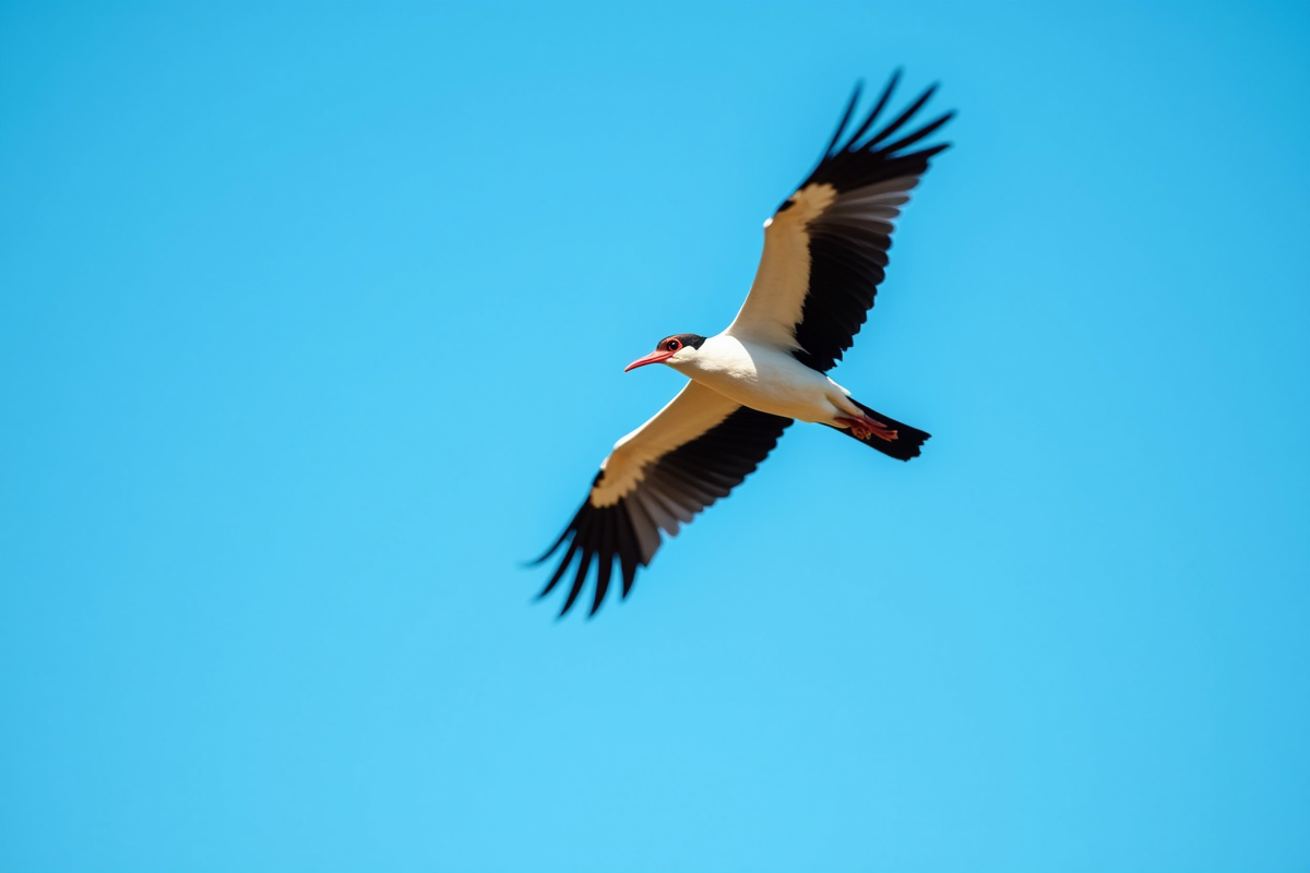 Jabiru en vol contre un ciel bleu vif