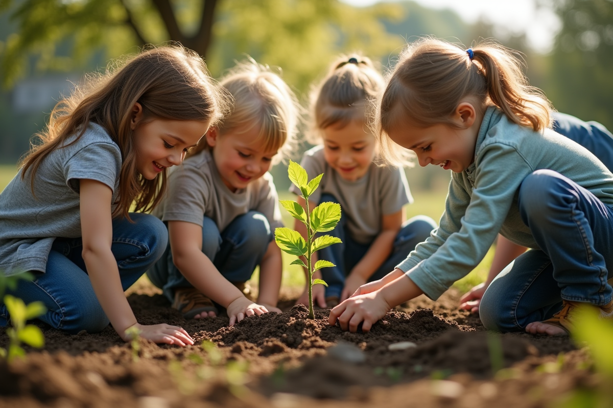 Bénévoles plantant des arbres en équipe lors d
