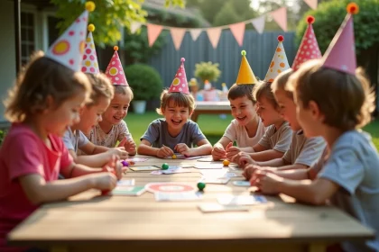 Groupe d'enfants jouant à un jeu d'animation d'anniversaire autour d'une table décorée dans un jardin