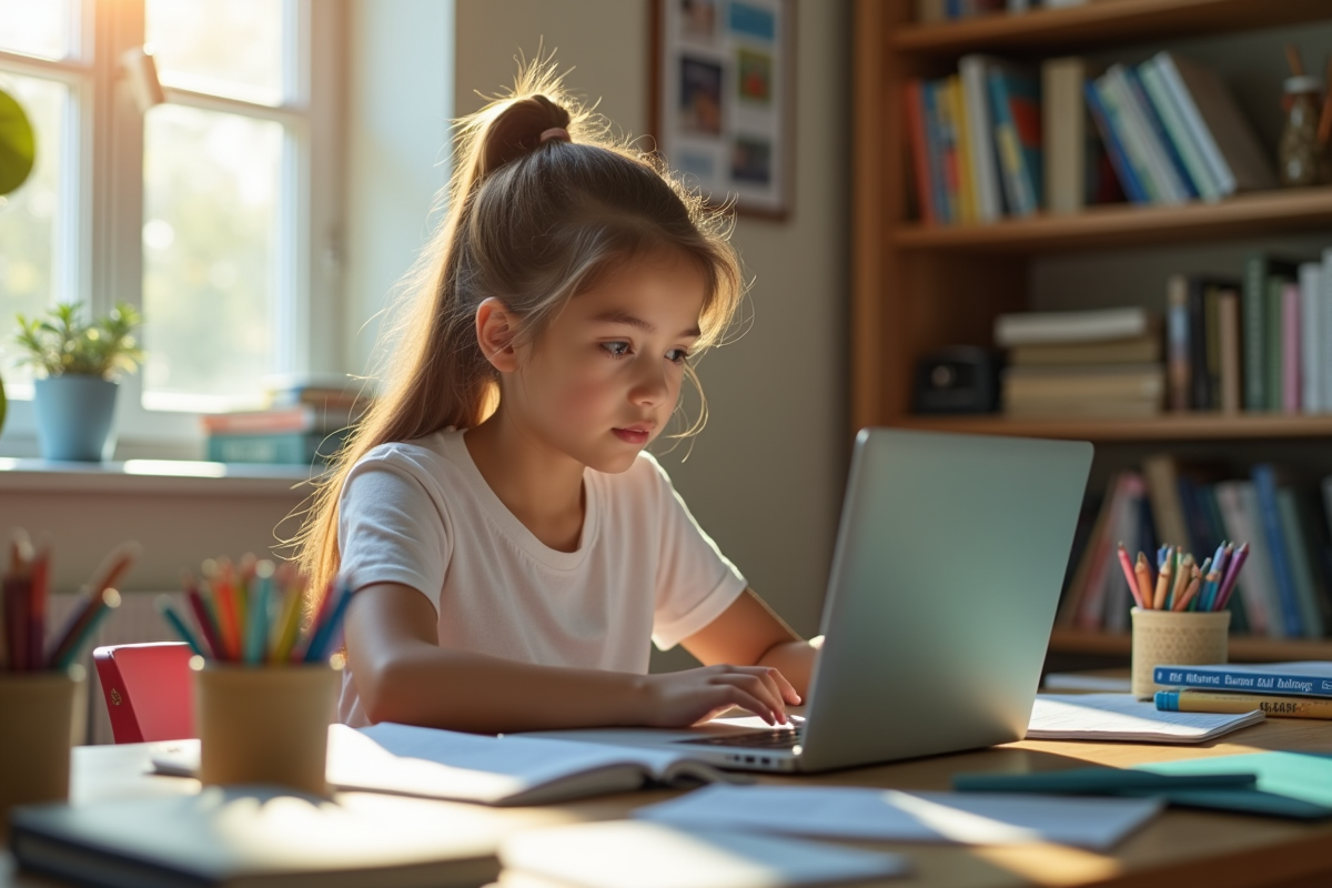 Jeune étudiant concentré utilisant un ordinateur portable à un bureau lumineux