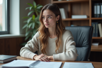Jeune femme en jeans et pull clair dans un bureau moderne