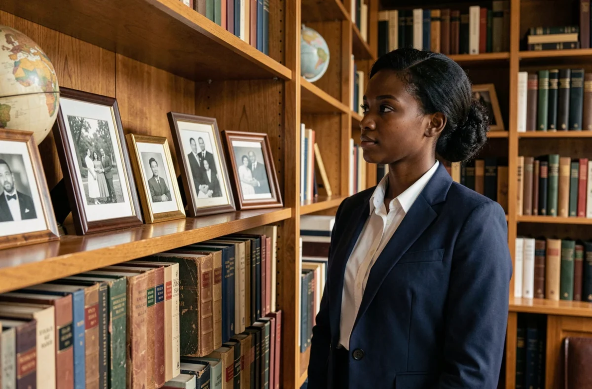 Jeune femme africaine contemplant des photos de famille dans une bibliothèque, reflétant l'importance des racines et de l'héritage familial dans son éducation