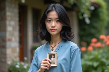 Jeune femme avec photo de famille devant maison ancienne