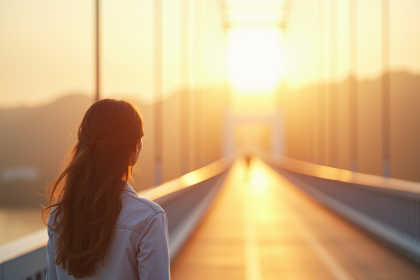 Jeune femme sur un pont lumineux regardant l'horizon