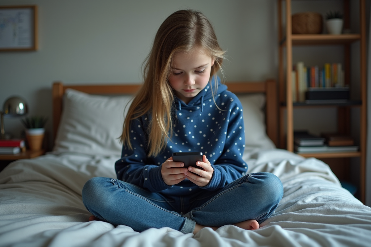 Jeune fille de 15 ans avec hoodie bleu dans sa chambre
