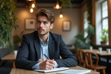Jeune homme en blazer au café avec carnet et stylo