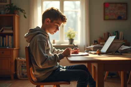 Adolescent écrivant dans un carnet dans sa chambre lumineuse