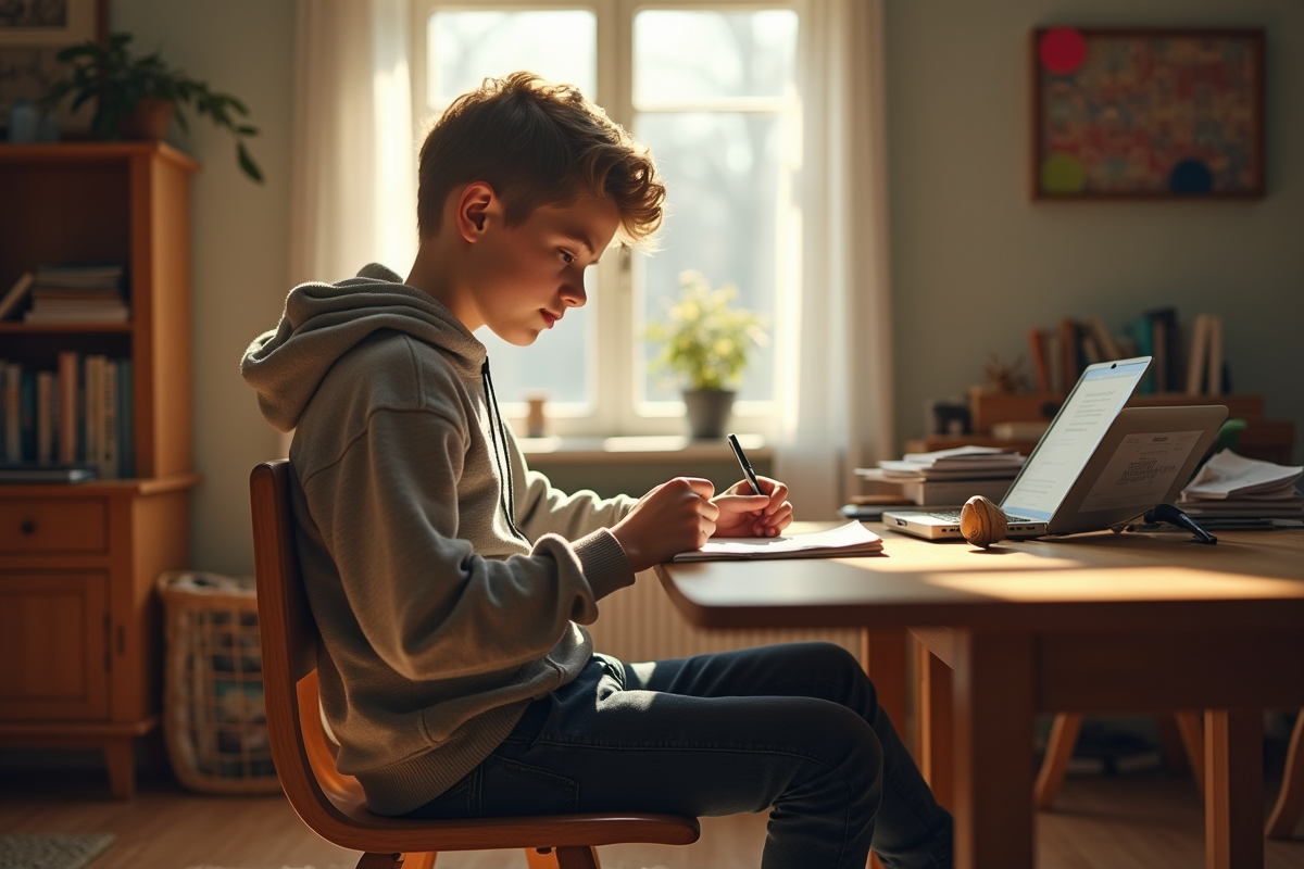 Adolescent écrivant dans un carnet dans sa chambre lumineuse